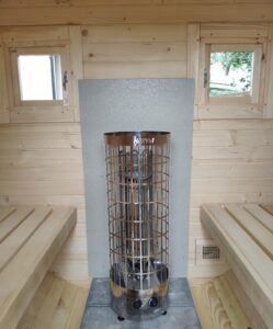 Sauna ogrodowa BIROLI beczka 2,5 m z tarasem w pełnym wyposażeniu, piec elektryczny 9kW